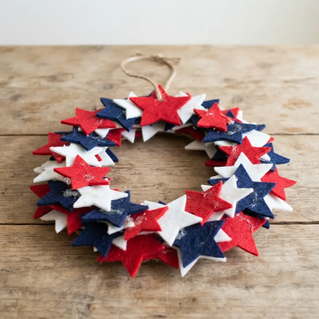A dimensional felt star wreath with layered patriotic colors and a rustic twine hanger.