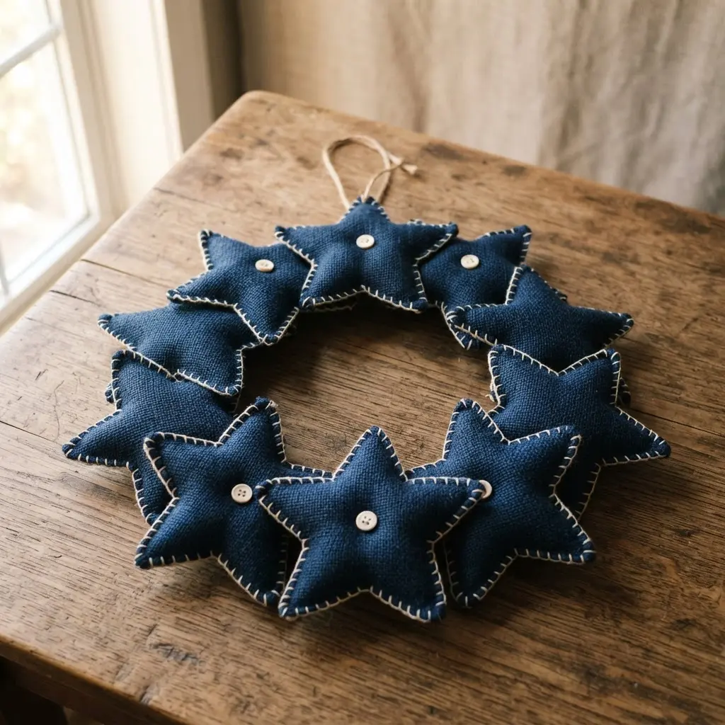 A padded fabric star wreath in navy burlap with a clean, tailored appearance.