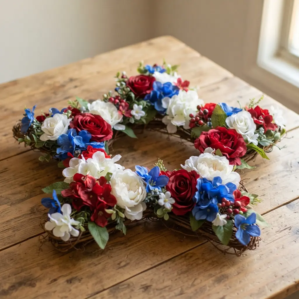 A floral star wreath featuring a mix of silk blooms in patriotic colors.