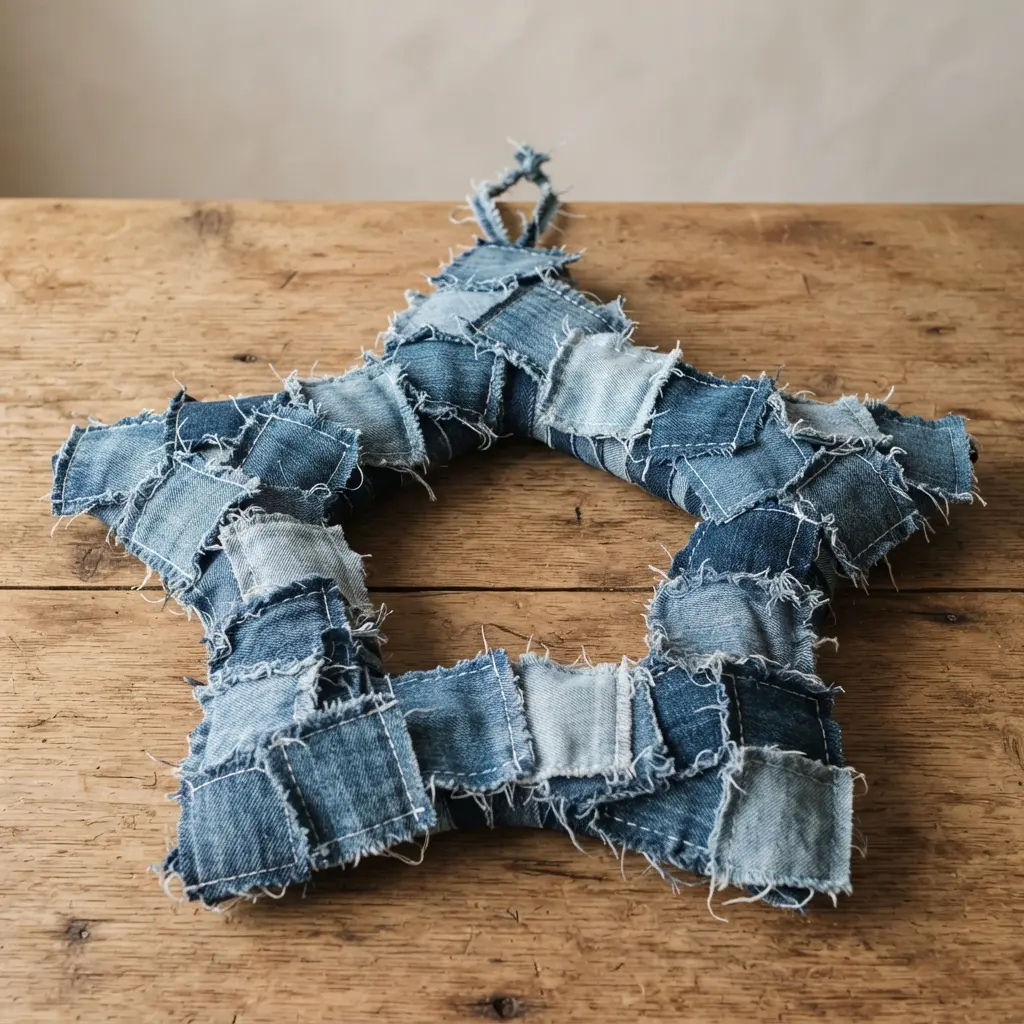 A patchwork star wreath constructed from various shades of blue denim.