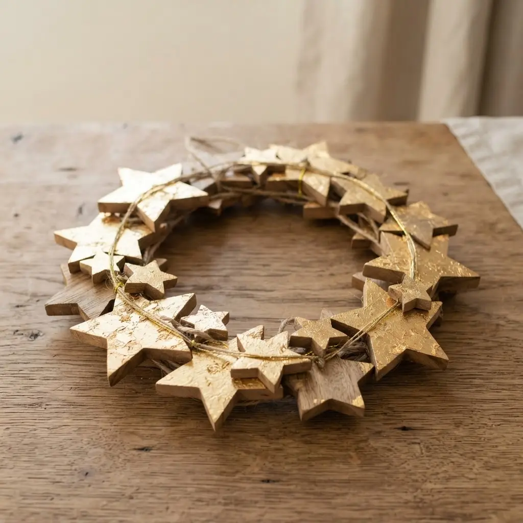 A star wreath with a wooden base partially covered in delicate gold leaf.