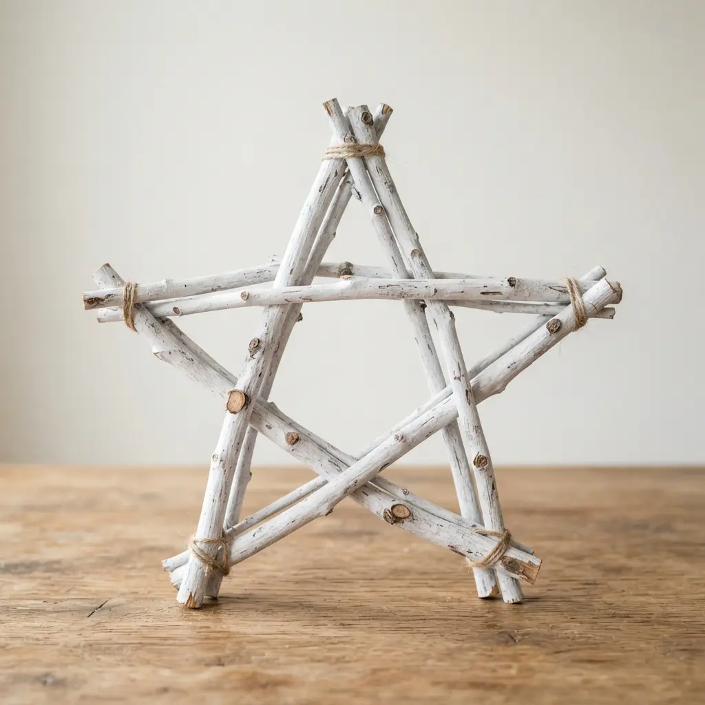 A minimalist natural star wreath crafted from pale, weathered branches.