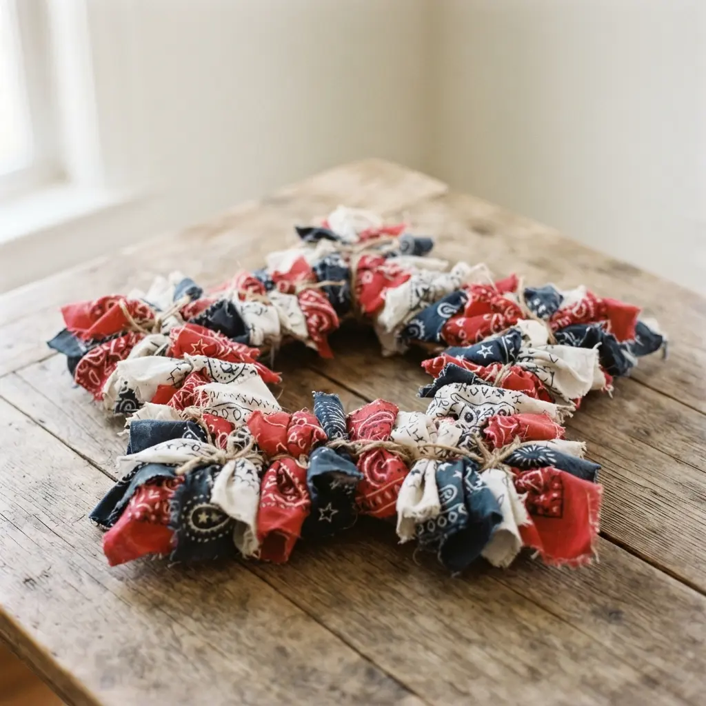 A fabric star wreath covered in traditional red and white bandana print.
