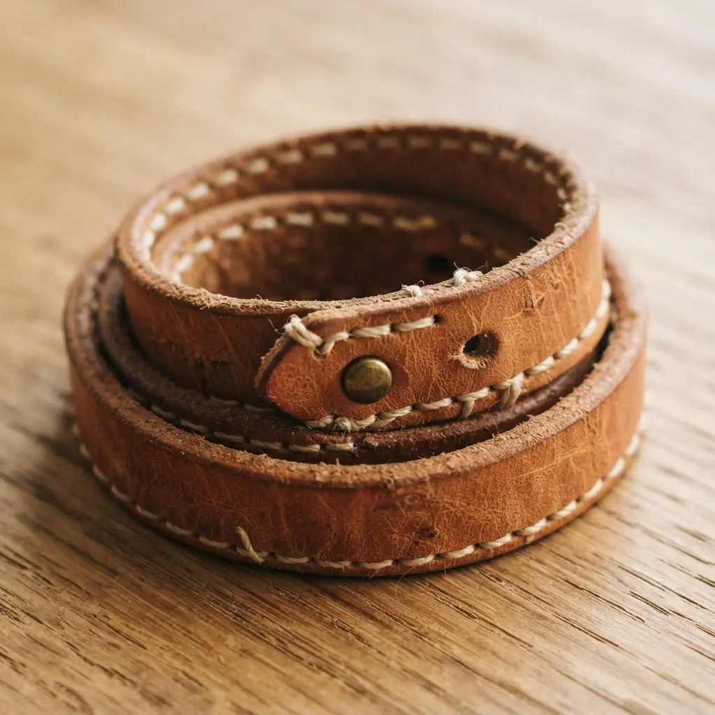 A long, natural-toned vegetable-tanned leather wrap bracelet with neat rows of hand stitching.