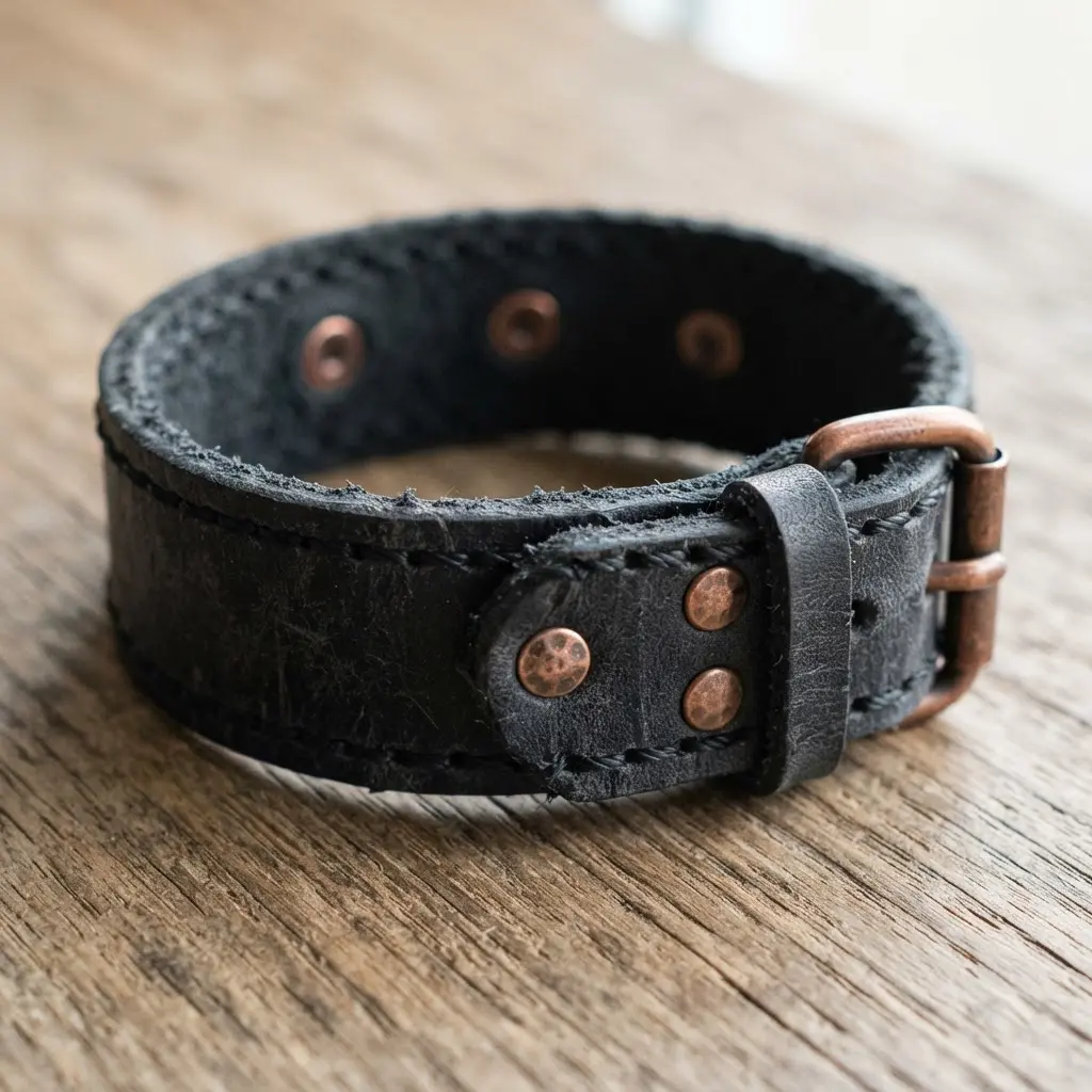 A dark leather bracelet with exposed stitching and small metal rivets for an industrial look.