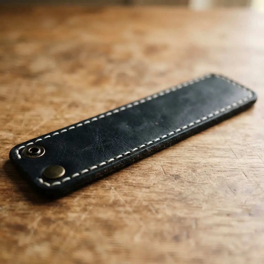 A simple black leather cuff bracelet featuring crisp, contrasting white waxed thread stitching.