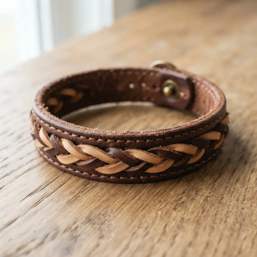 A brown and tan leather bracelet showcasing a hand-stitched braided edge detail along its length.