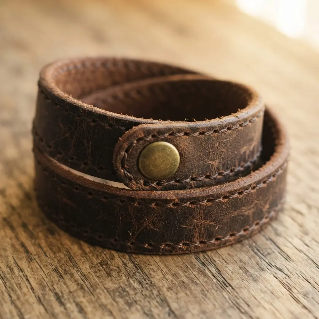 A double-wrap leather bracelet secured with a brass snap closure and visible stitching.
