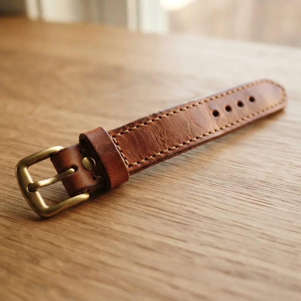 A classic adjustable leather strap bracelet finished with a polished brass buckle and stitched ends.