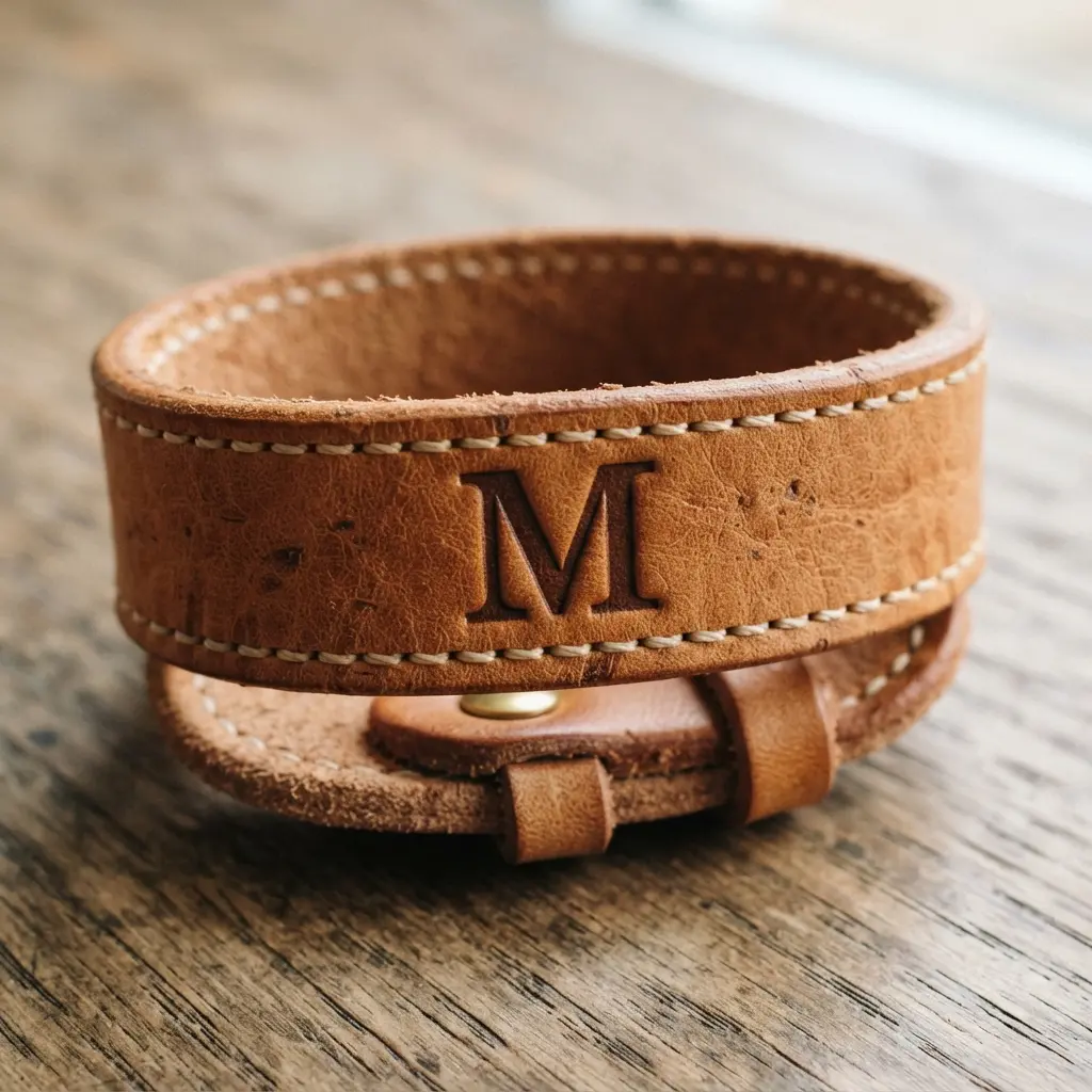 A simple leather band bracelet with an embossed initial and neat stitching along both edges.