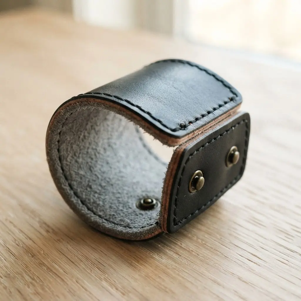A smooth leather cuff bracelet with a soft suede interior lining revealed by the edge stitching.