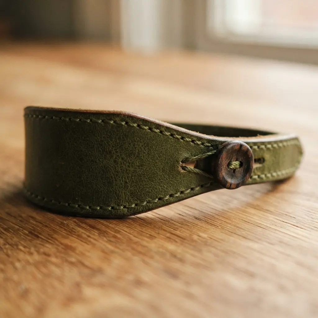 A tapered leather bracelet with a narrow end that fastens with a decorative button and loop.