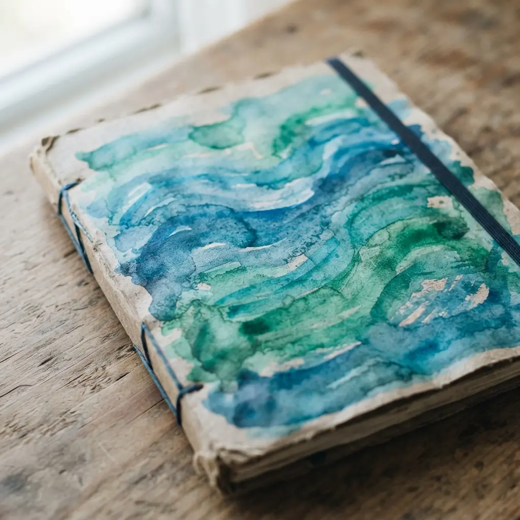 A handmade notebook with a textured cardboard cover painted in swirling blue and green watercolor waves.