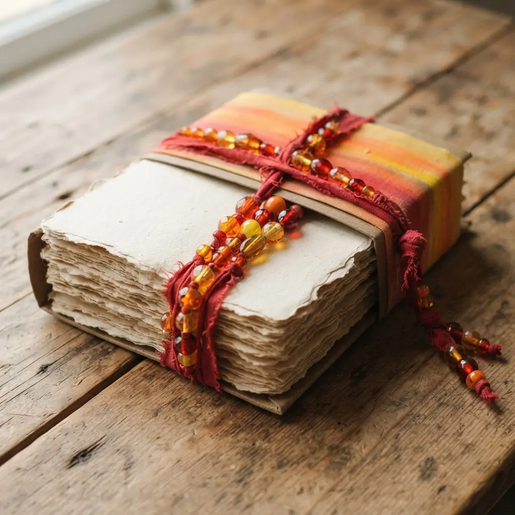 A stack of paper folded into a diary and bound with a long ribbon that is threaded with orange, yellow, and red beads.