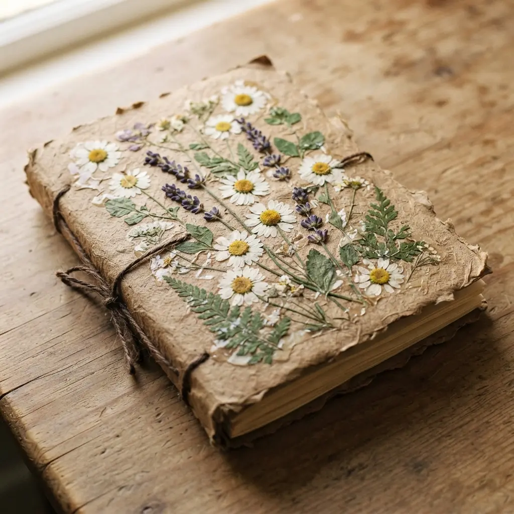 A recycled cardboard journal cover adorned with a delicate collage of pressed daisies and lavender.