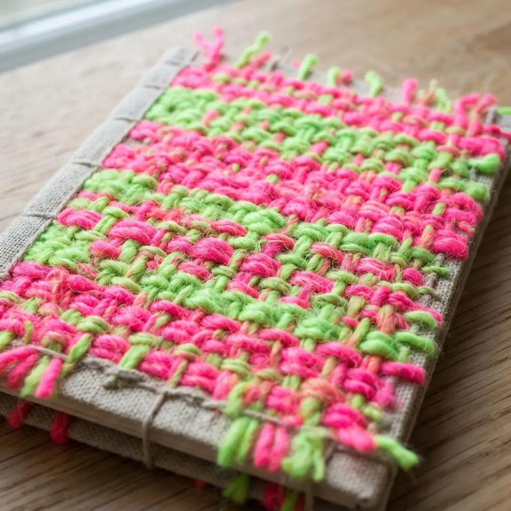 A small diary with a cover showcasing a simple woven pattern using vibrant pink and green yarn.