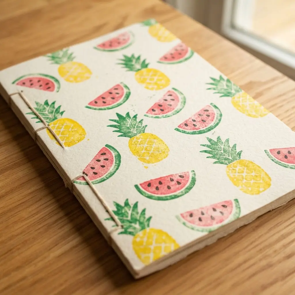 A handmade notebook cover decorated with a cheerful stamped pattern of pineapples and watermelon slices using ink pads.