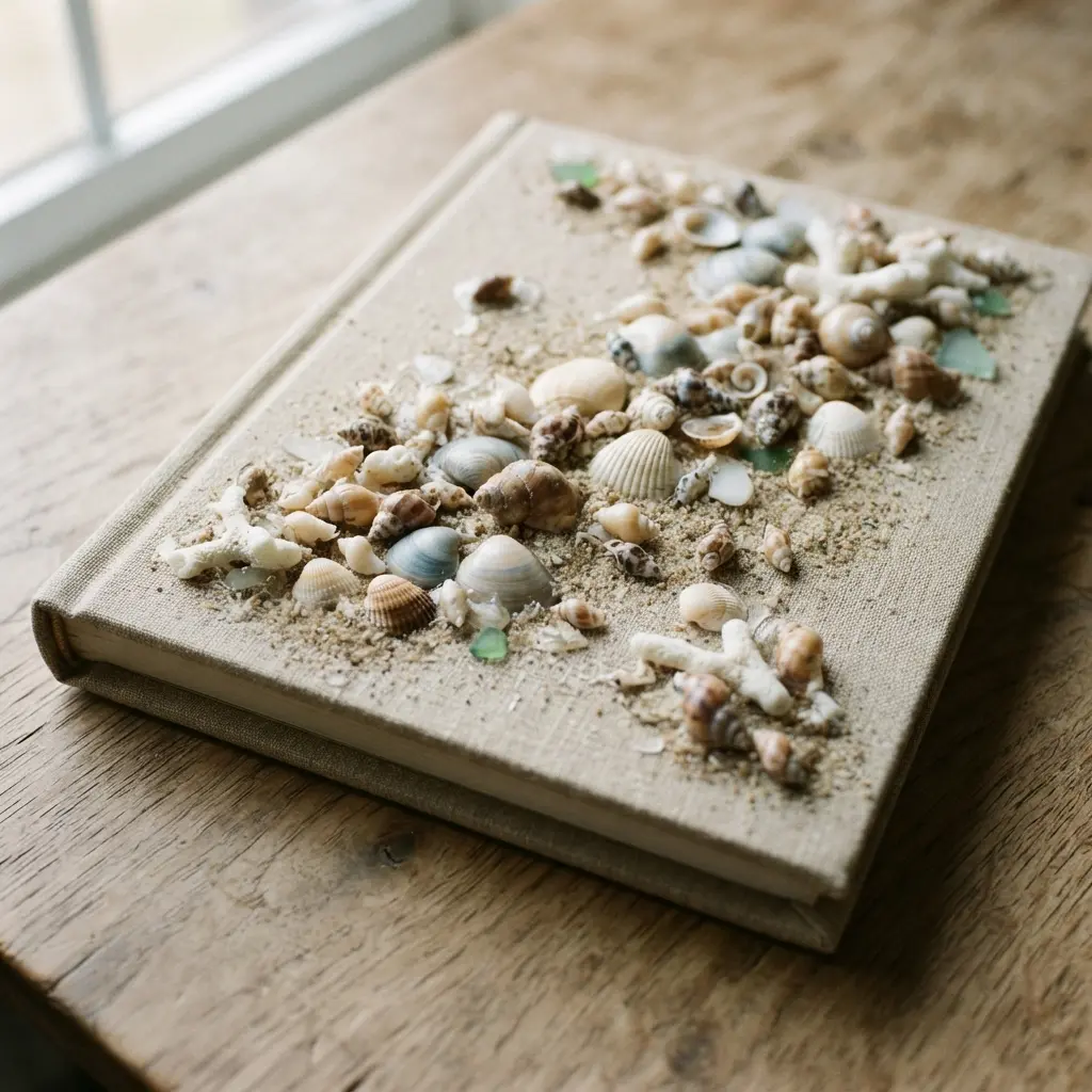 A sturdy hardcover memory book decorated with an arrangement of small seashells and a sprinkle of sand.