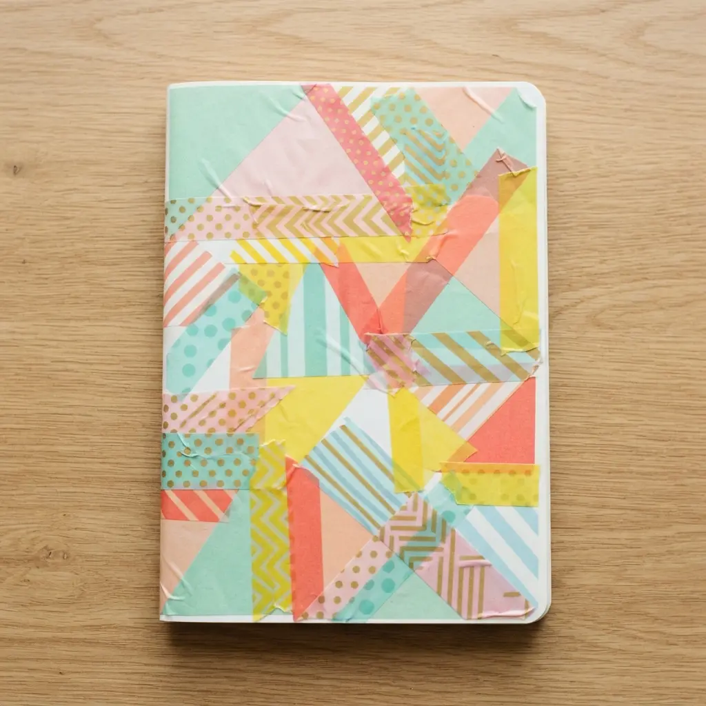 A simple notebook covered in overlapping geometric shapes and stripes created with various colors of patterned washi tape.