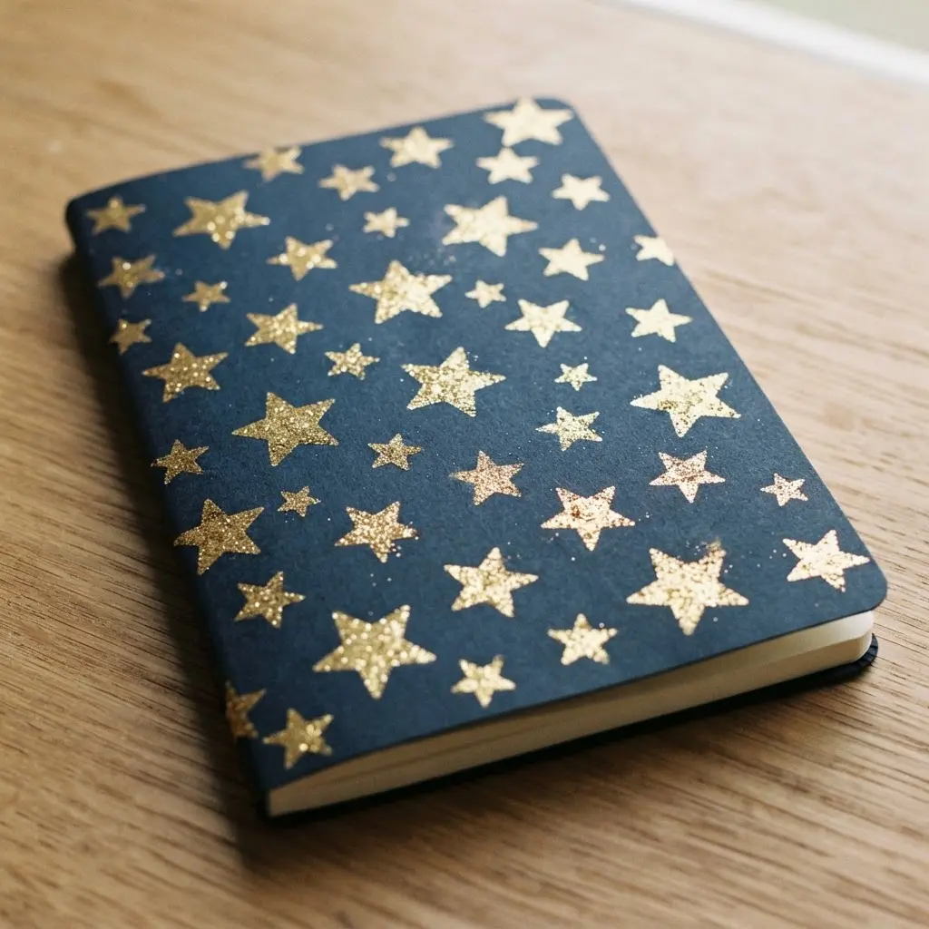 A summer journal with a dark blue cover featuring a scattered pattern of shiny gold glitter stars made with a stencil.