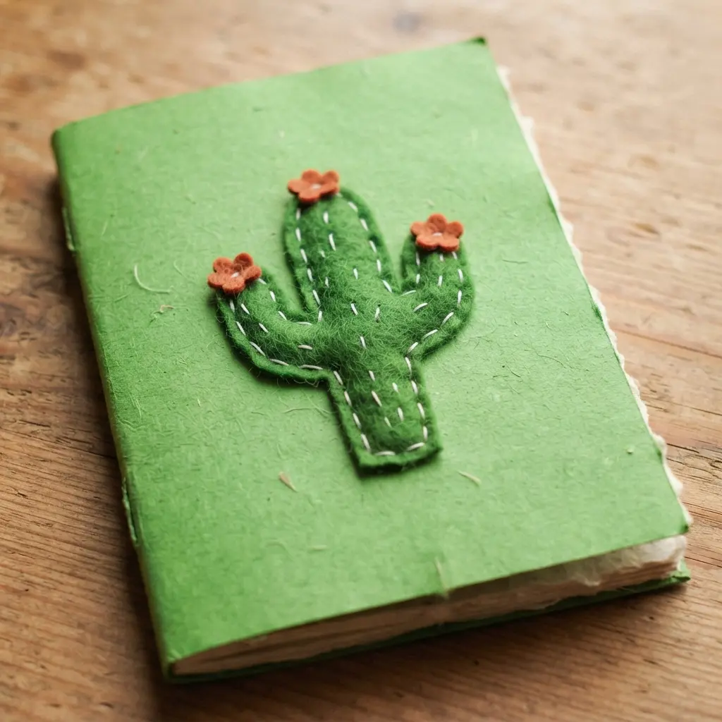 A craft notebook covered in green paper with a simple, smiling cactus shape cut from felt and appliqued on the front.