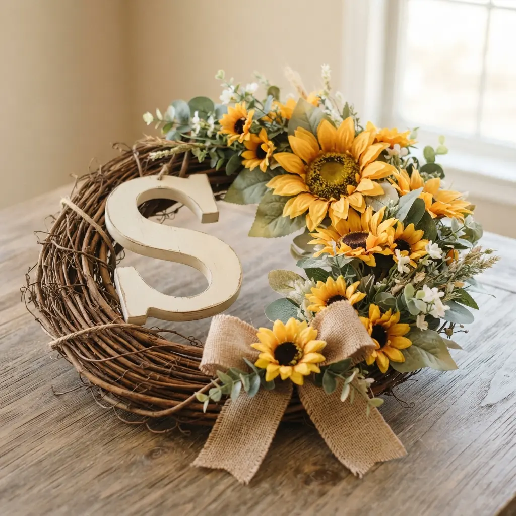 A rustic grapevine wreath features a large wooden letter surrounded by faux sunflowers and greenery on one side.