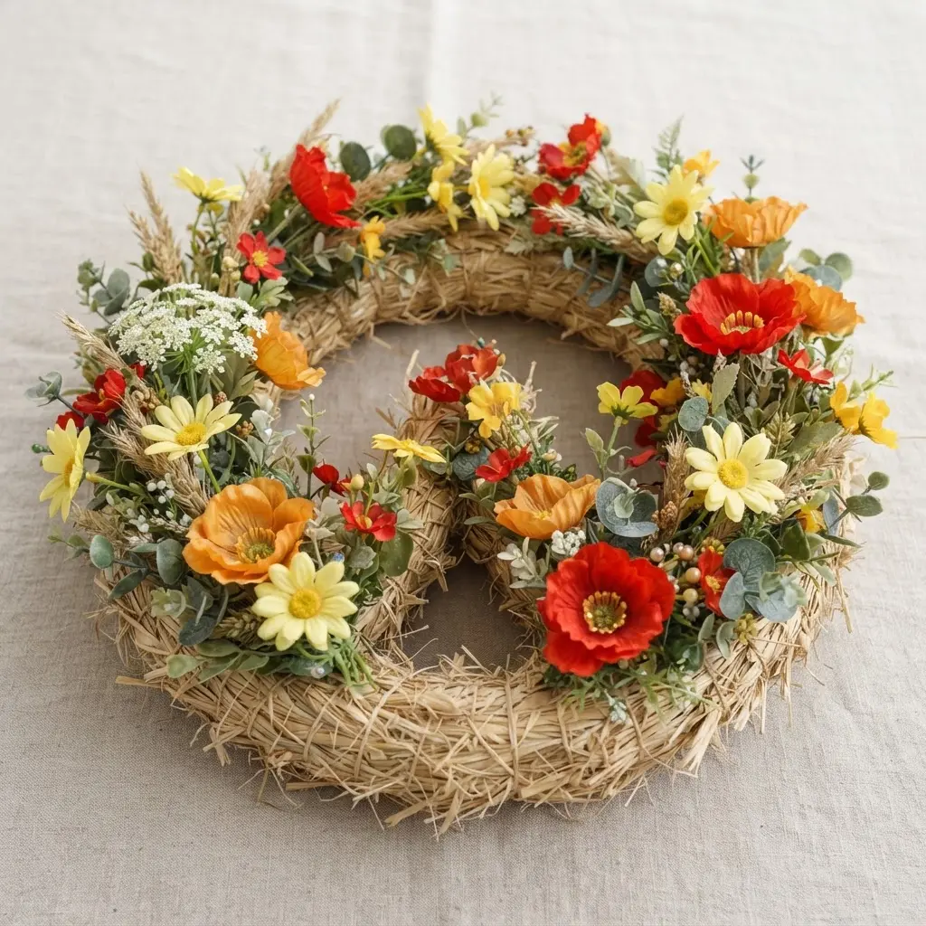 A vibrant straw wreath is covered with a mix of faux daisies, poppies, and other wildflowers, framing a painted cottage-style letter.