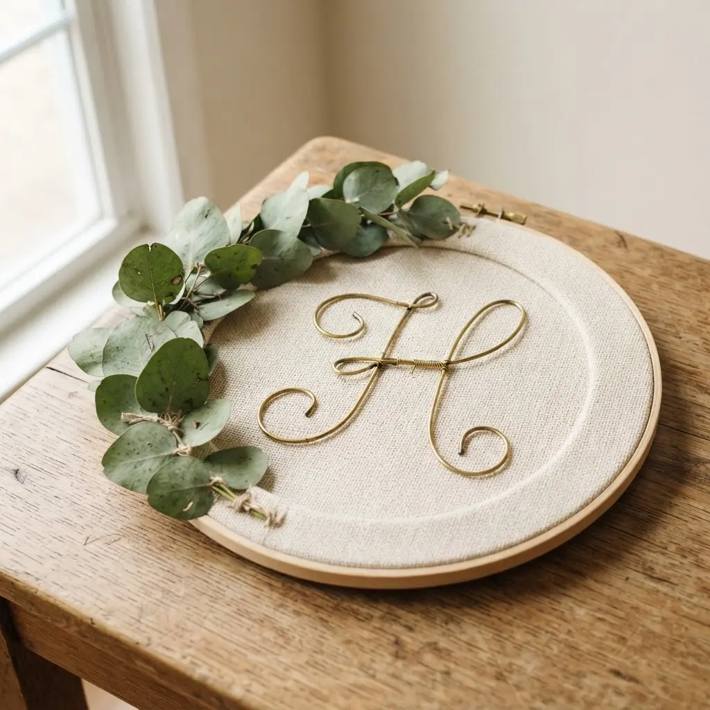 A circular embroidery hoop serves as a wreath frame, adorned with silver dollar eucalyptus and a burlap monogram.