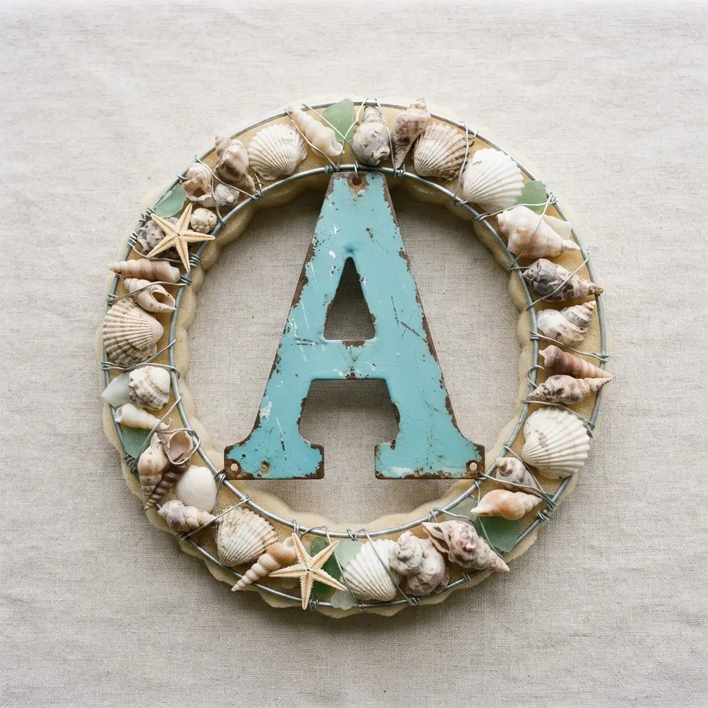 A painted metal initial in coastal blue is the focal point, surrounded by a ring of collected seashells and starfish.