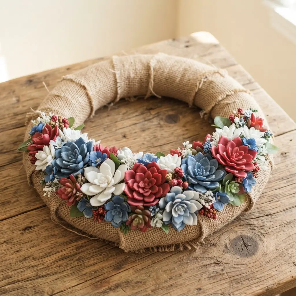 A textured burlap wreath holds a wooden letter accented with faux succulents in patriotic red, white, and blue hues.