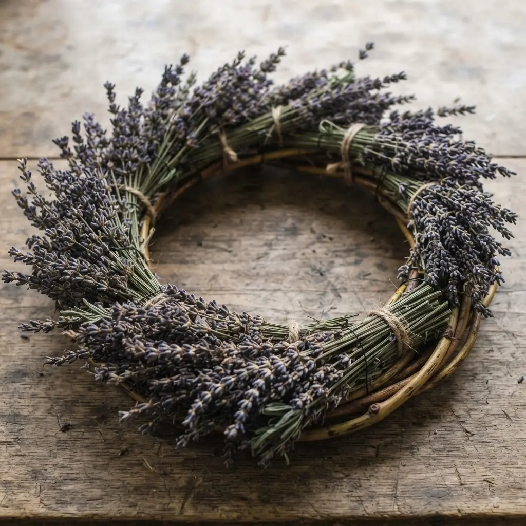 Delicate dried lavender sprigs are wired onto a flexible willow wreath behind a simple painted initial.