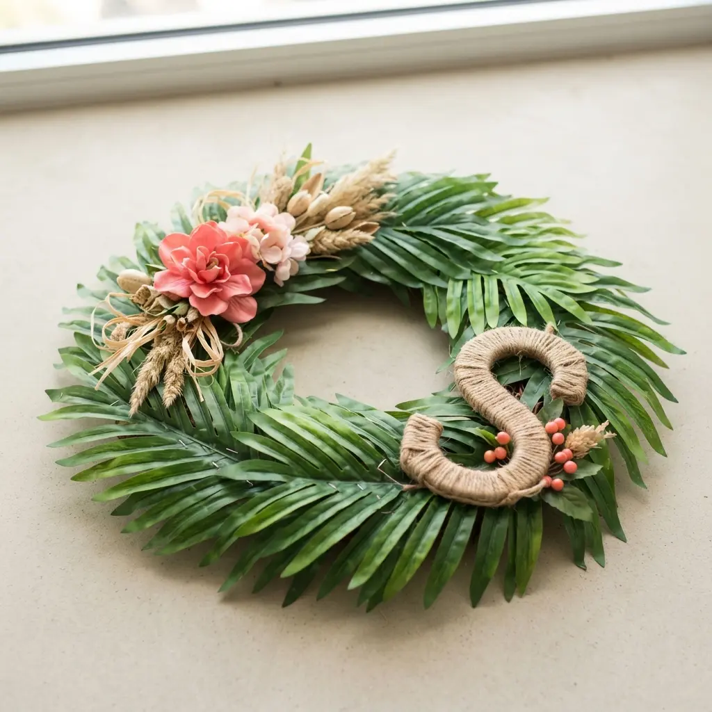 Vibrant green palm leaves are layered to form a full wreath base, with a tropical-colored monogram secured at the center.