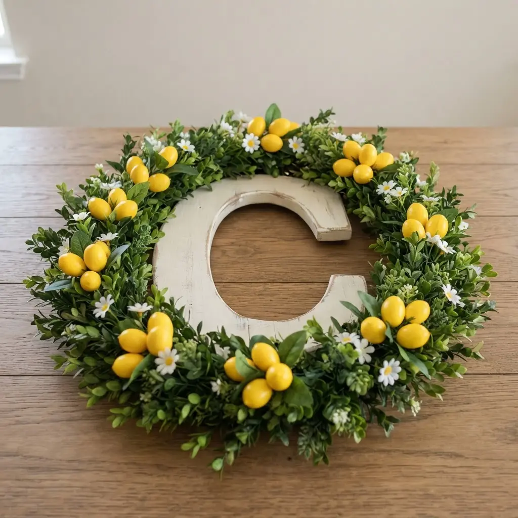 A farmhouse-style distressed wooden initial is decorated with tiny yellow lemon clusters and sprigs of green boxwood.