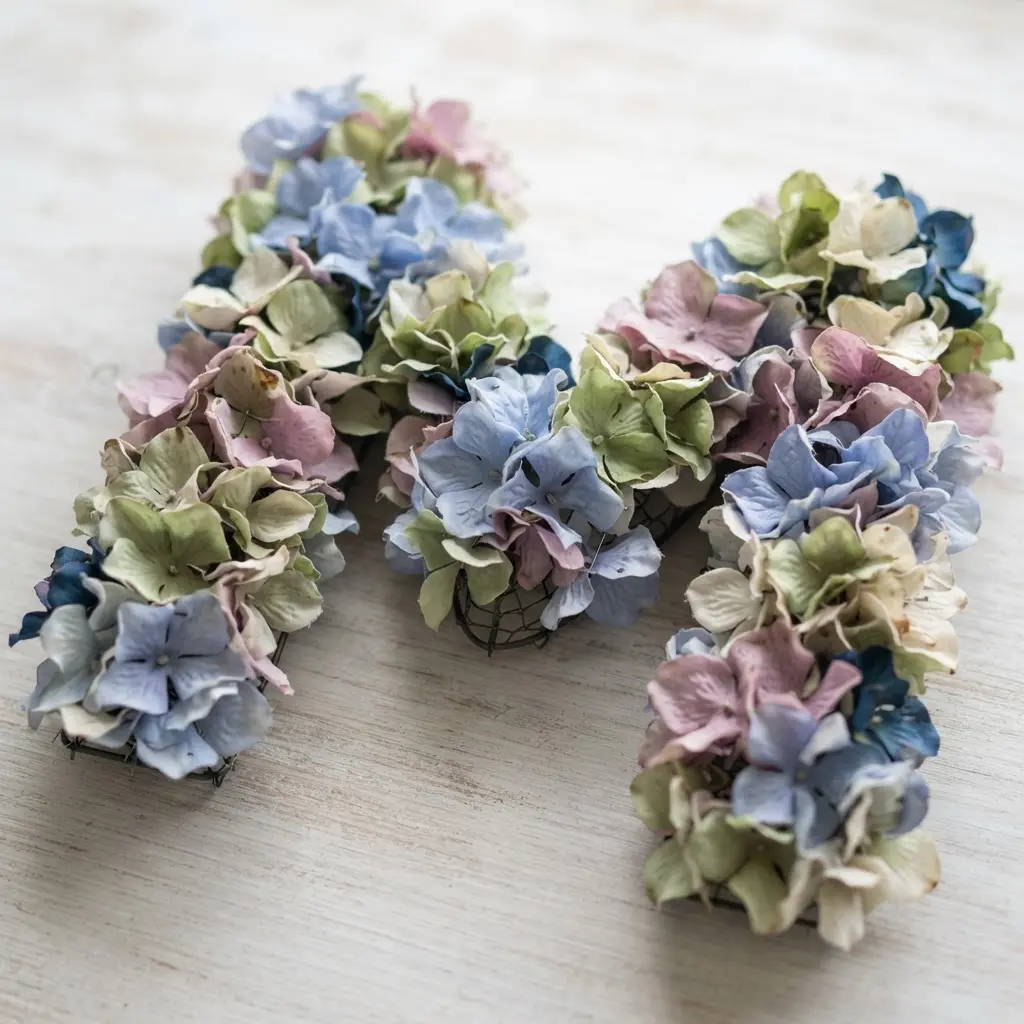 A full, lush wreath made from abundant faux hydrangea blooms in summer shades surrounds a classic script monogram.