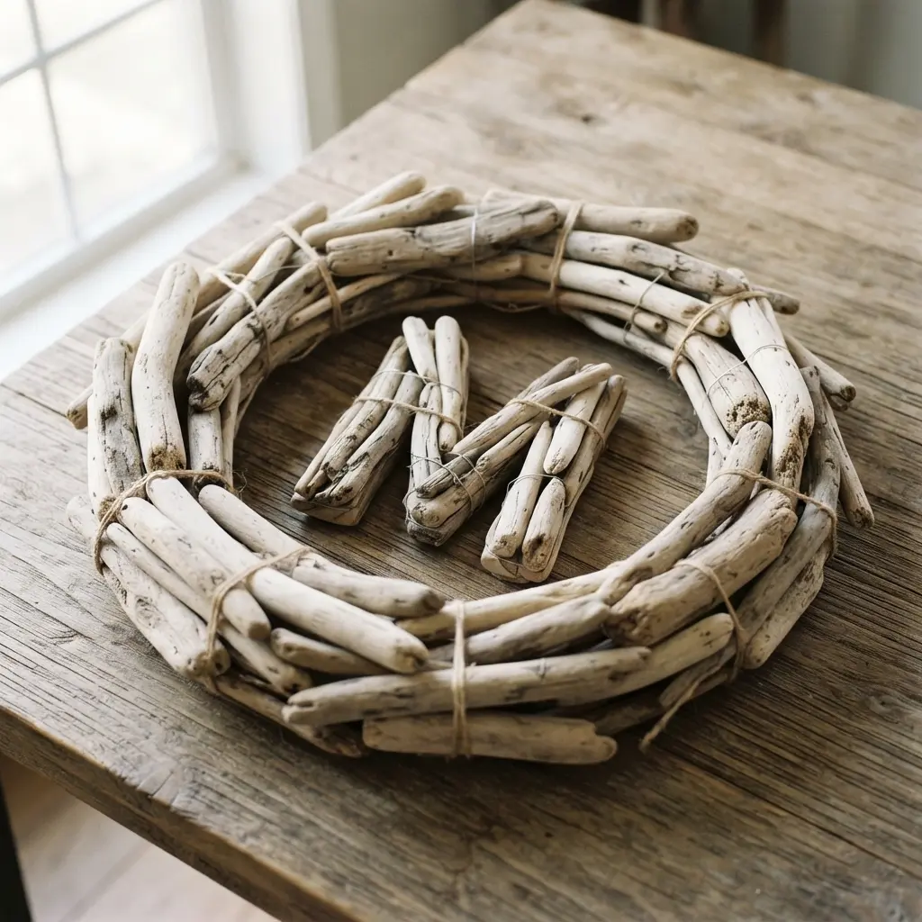 Assorted pieces of bleached driftwood are wired into a circular shape, cradling a matching driftwood initial.