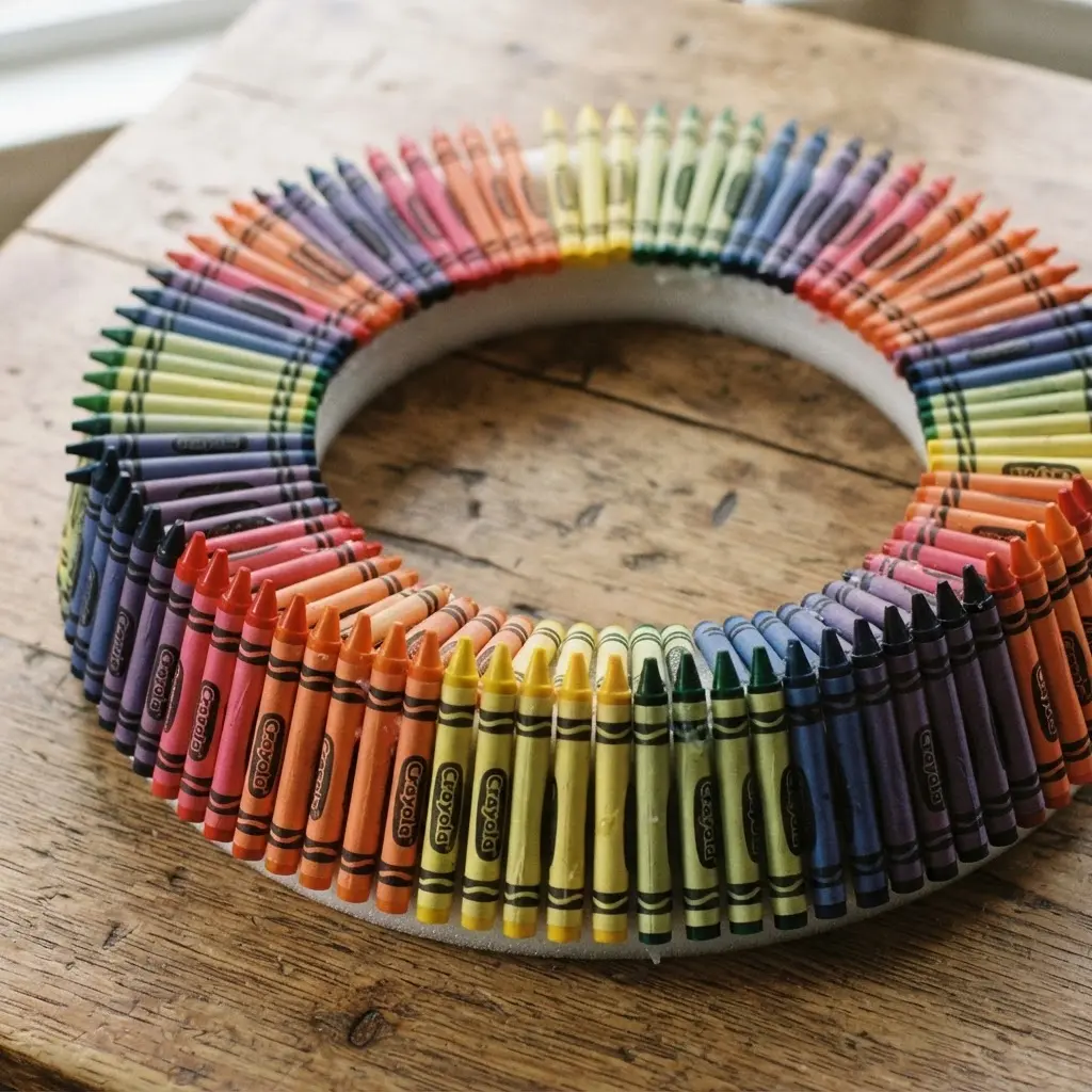 A vibrant wreath with crayons arranged vertically in a classic red, orange, yellow, green, blue, purple rainbow sequence.