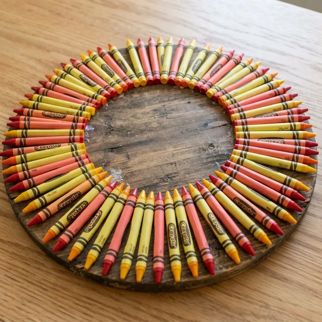 Crayons radiating outward from the center of a circular wooden plaque base, creating a sunburst effect.