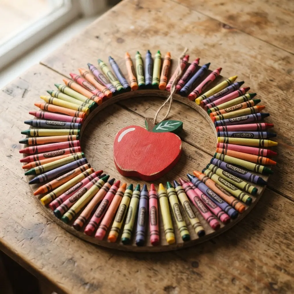 Colorful crayon wreath with a hand-painted wooden apple decoration fixed at its center.