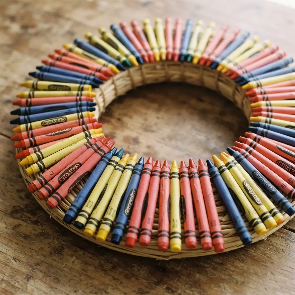 A wreath form completely wrapped with crayons laid side-by-side in a tight horizontal pattern.