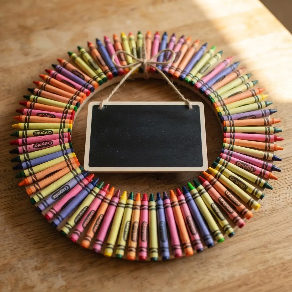 Crayon wreath with a miniature black chalkboard centerpiece featuring a teacher's name in white script.