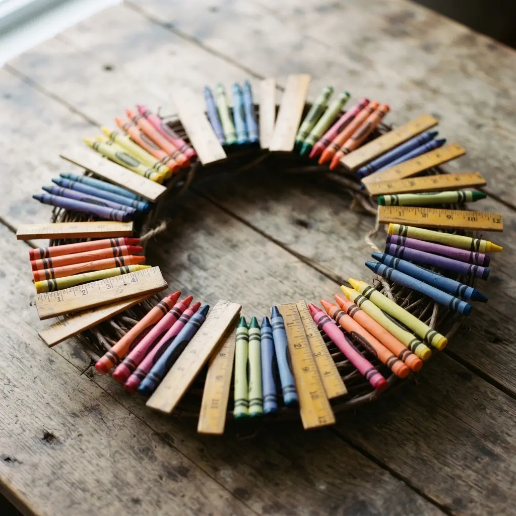 An asymmetrical wreath where groups of crayons are interspersed with decorative wooden ruler segments.