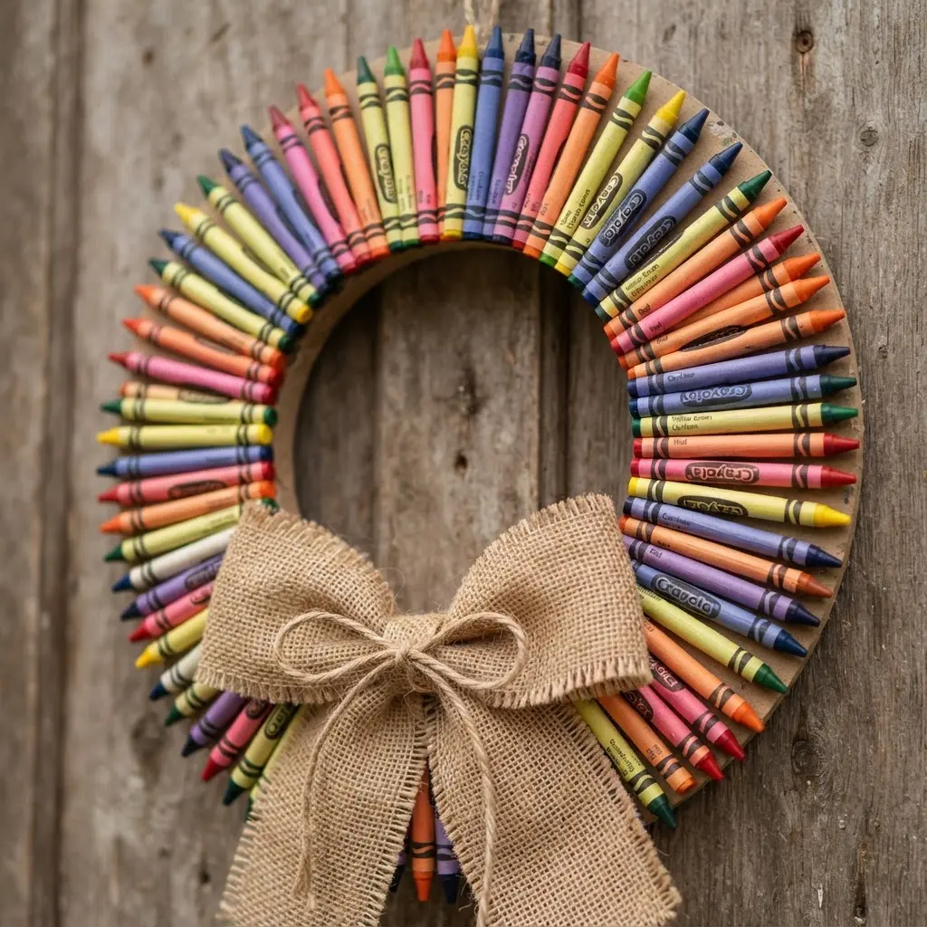 A tightly packed circular crayon wreath with a large, textured burlap bow tied at the bottom.