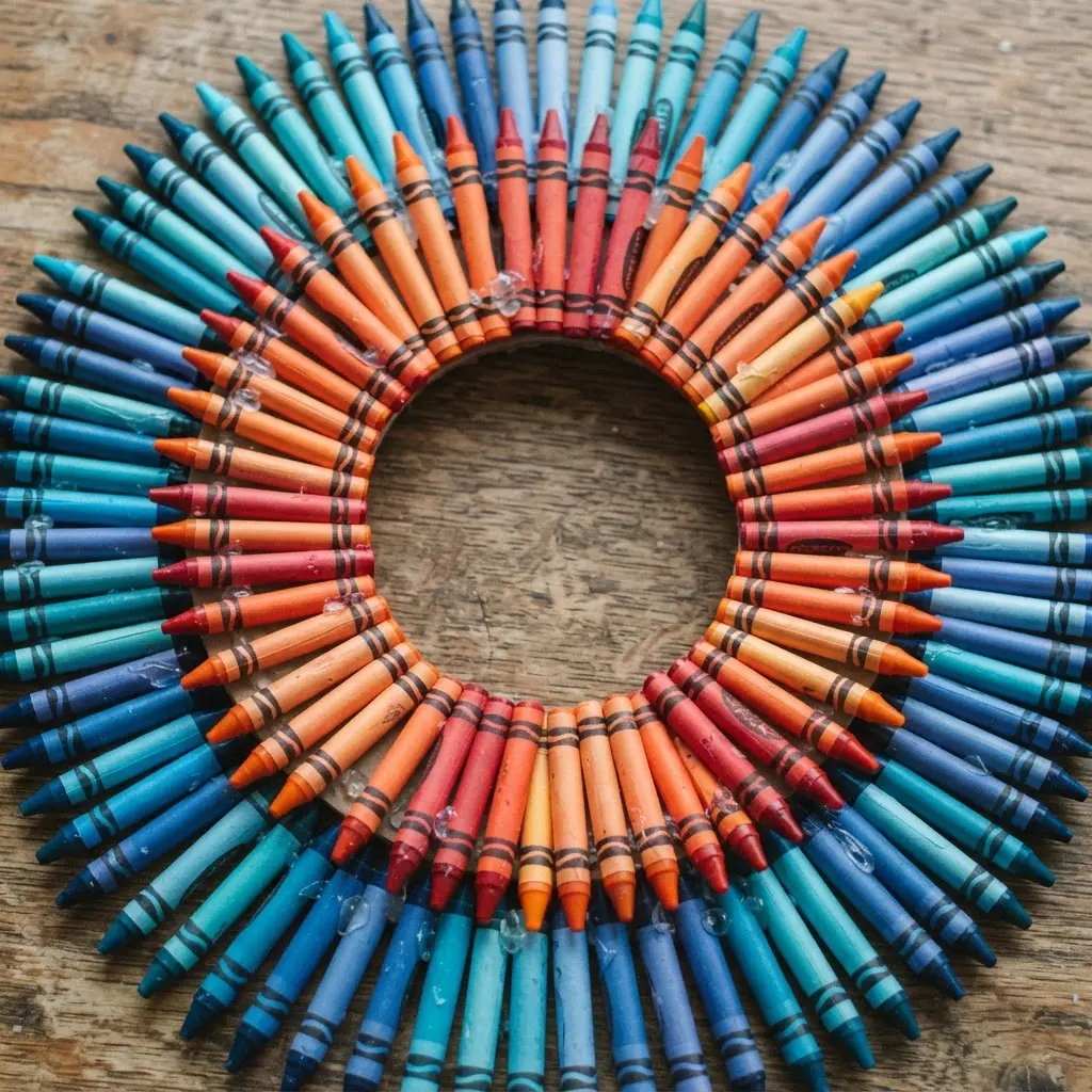 A layered wreath featuring an inner ring of warm-toned crayons and an outer ring of cool-toned crayons.