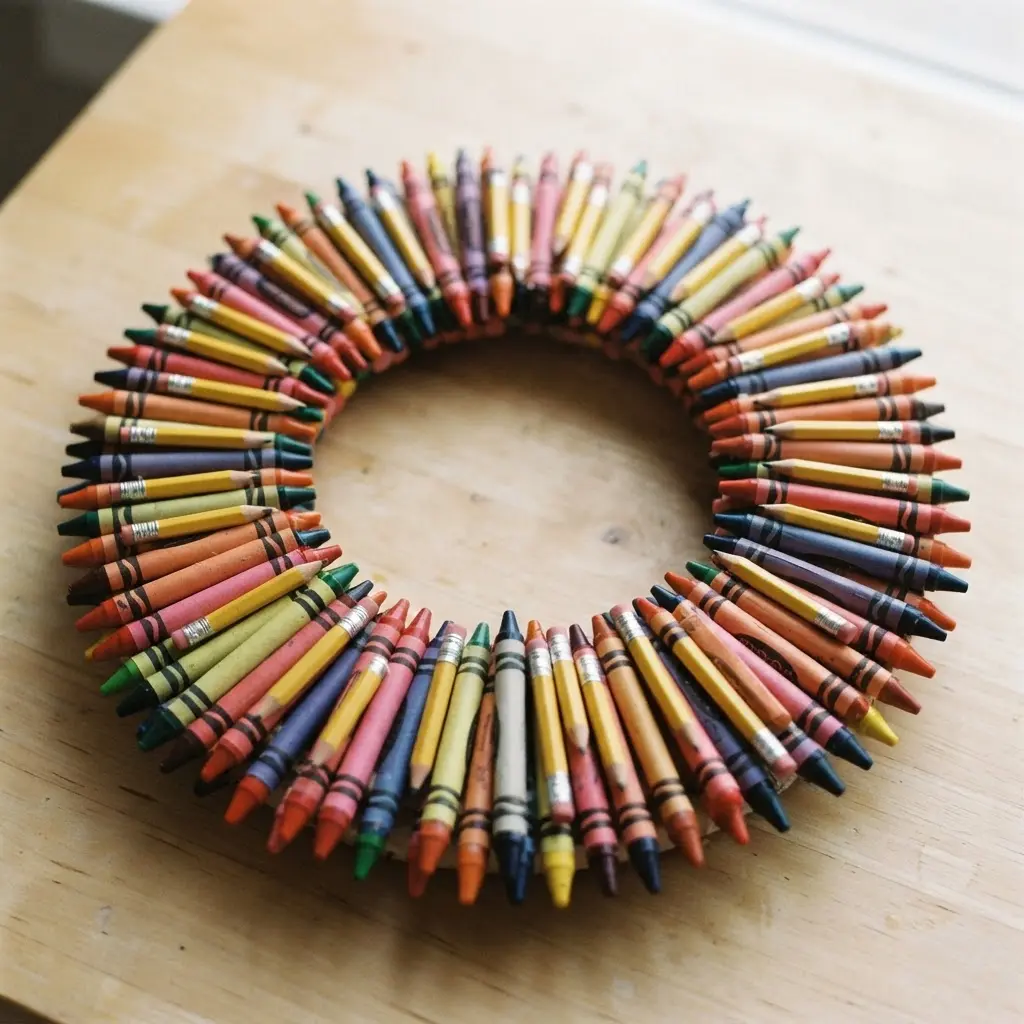 A bright crayon wreath with tiny yellow pencil embellishments glued between the crayon tips.