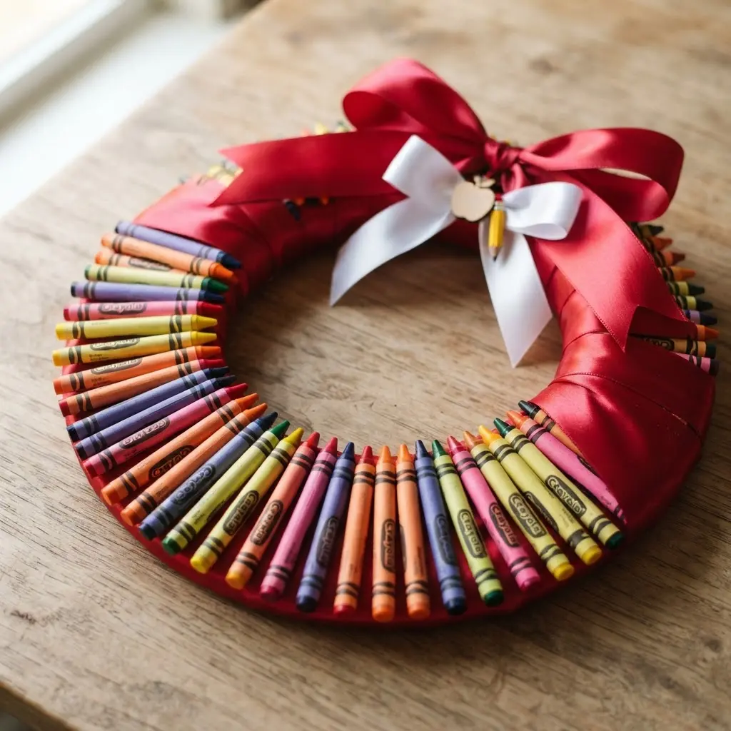 A wreath where crayons are tightly wrapped around the form, secured with a wide, shiny satin ribbon.