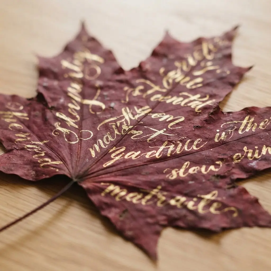 A large, pressed red maple leaf with elegant gold cursive writing in the center.