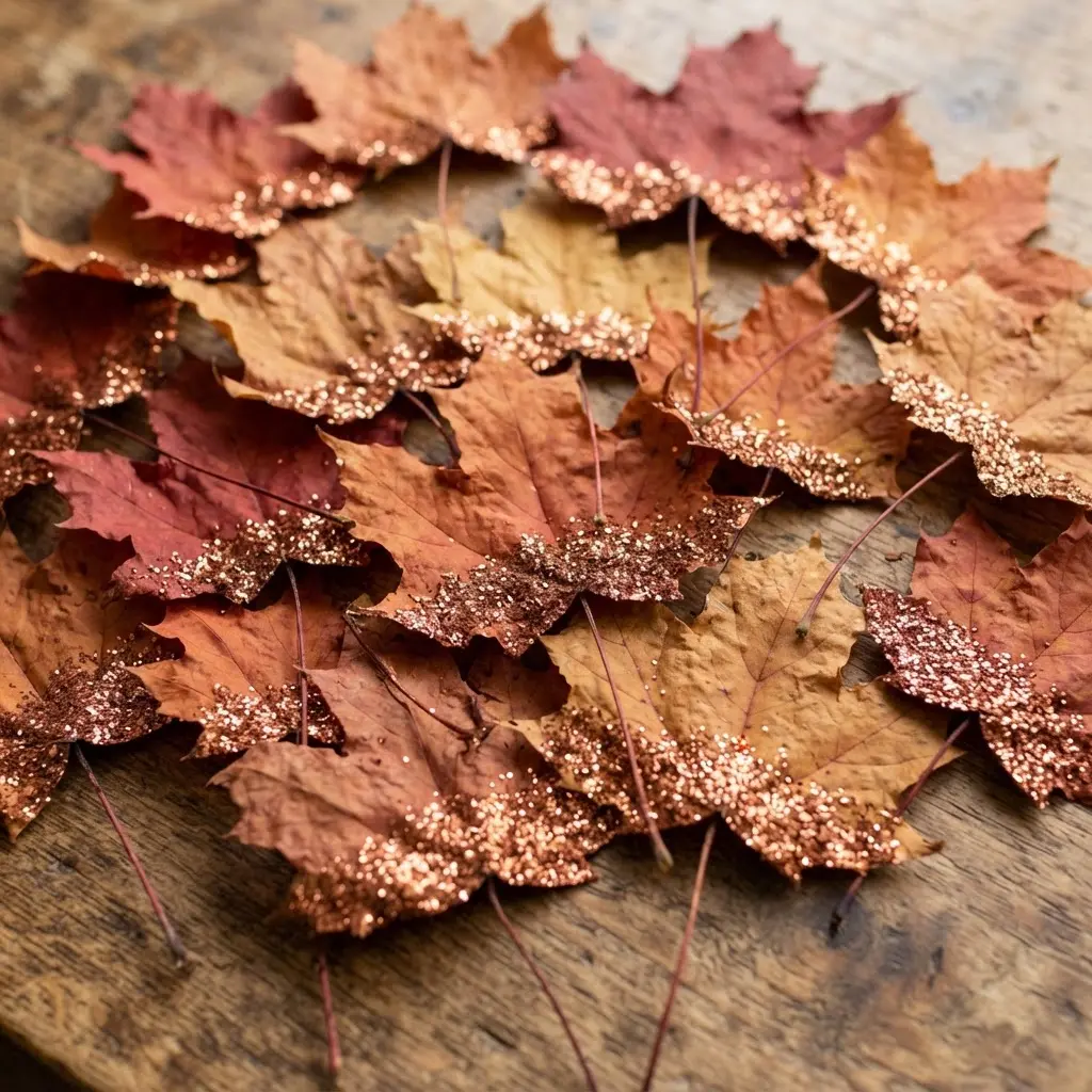 Several red and orange maple leaves with their stems coated in a sparkling metallic copper glitter, scattered on a wooden table.