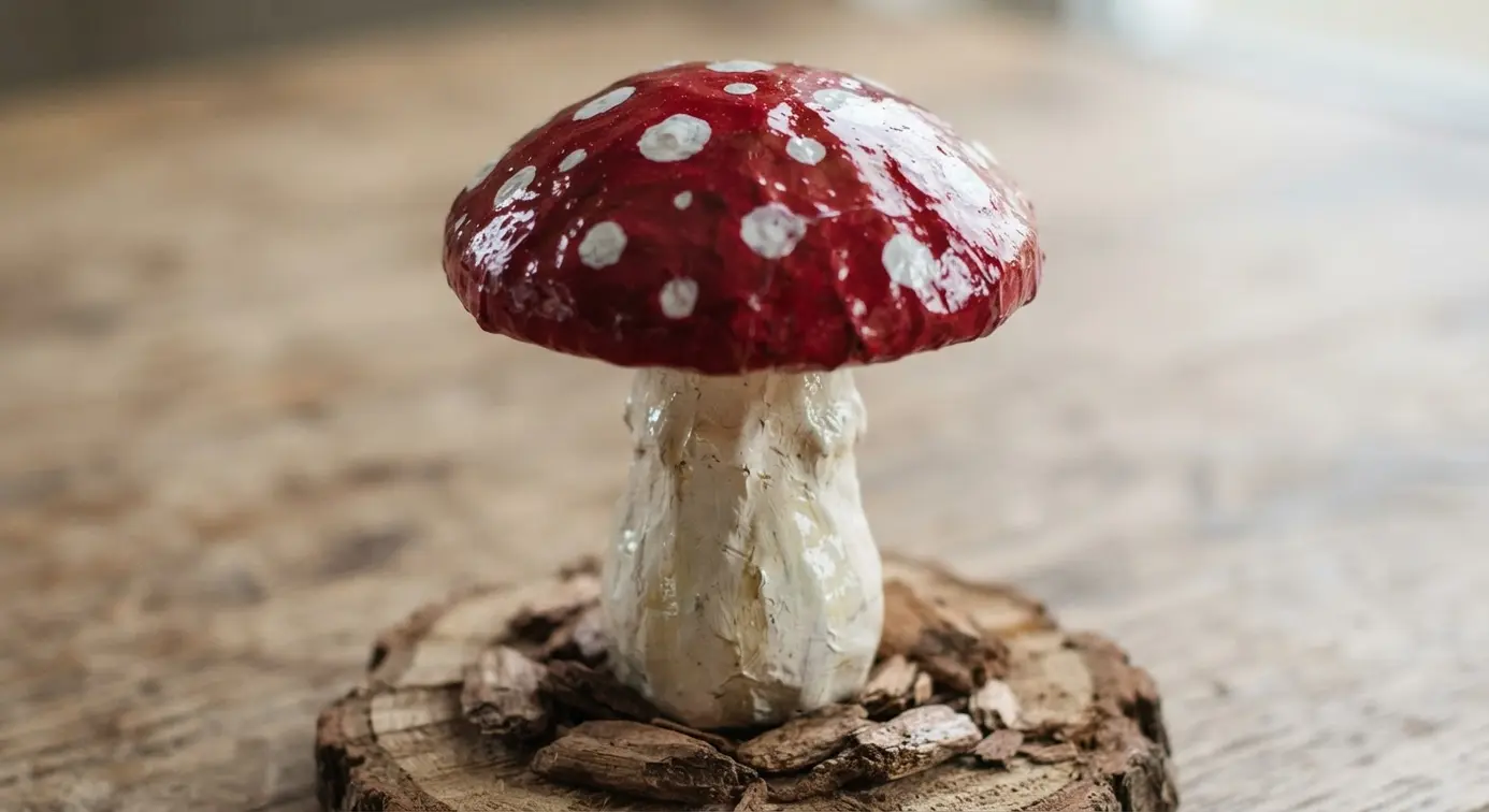 An oversized garden toadstool with a crimson cap, white spots, and glossy finish, set among green moss.