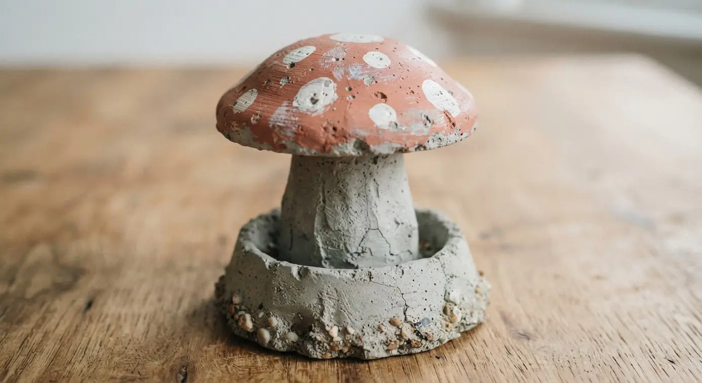 An oversized toadstool made from an inverted plastic planter, coated in concrete texture, standing on a stone paver base.