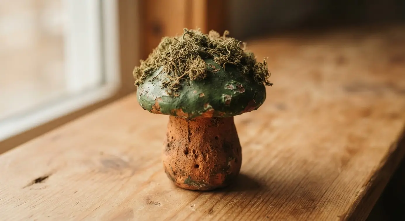 A weathered terracotta mushroom statue with moss growing on the cap, nestled in a garden bed.